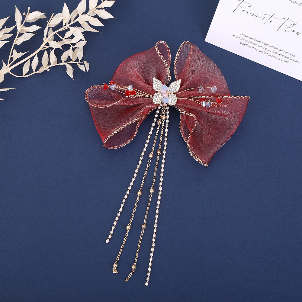 Burgundy Silk Bow Hair Clip Bridal Headwear Fringe Hair Accessories Set Toast Dress Wedding Photo Accessories details Picture