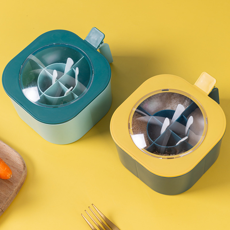 Four-in-one seasoning box Kitchen salt monosodium glutamate seasoning box Seasoning box set Household with spoon condiment bottle jar Application Scenario