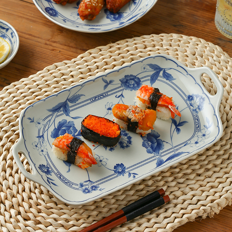 日式复古风陶瓷餐具家用青花色釉下彩创意碟子平盘个性沙拉碗图