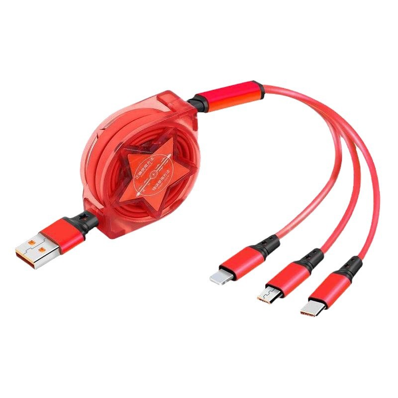 Red Five-star three-in-one retractable cable, three-in-one data cable, USB retractable cable and mobile phone three-in-one retractable cable Item Picture