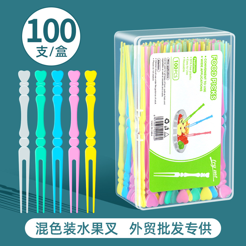 跨境货源水果叉大盒100支混色装家用竹节水果签大号商超甜点叉子