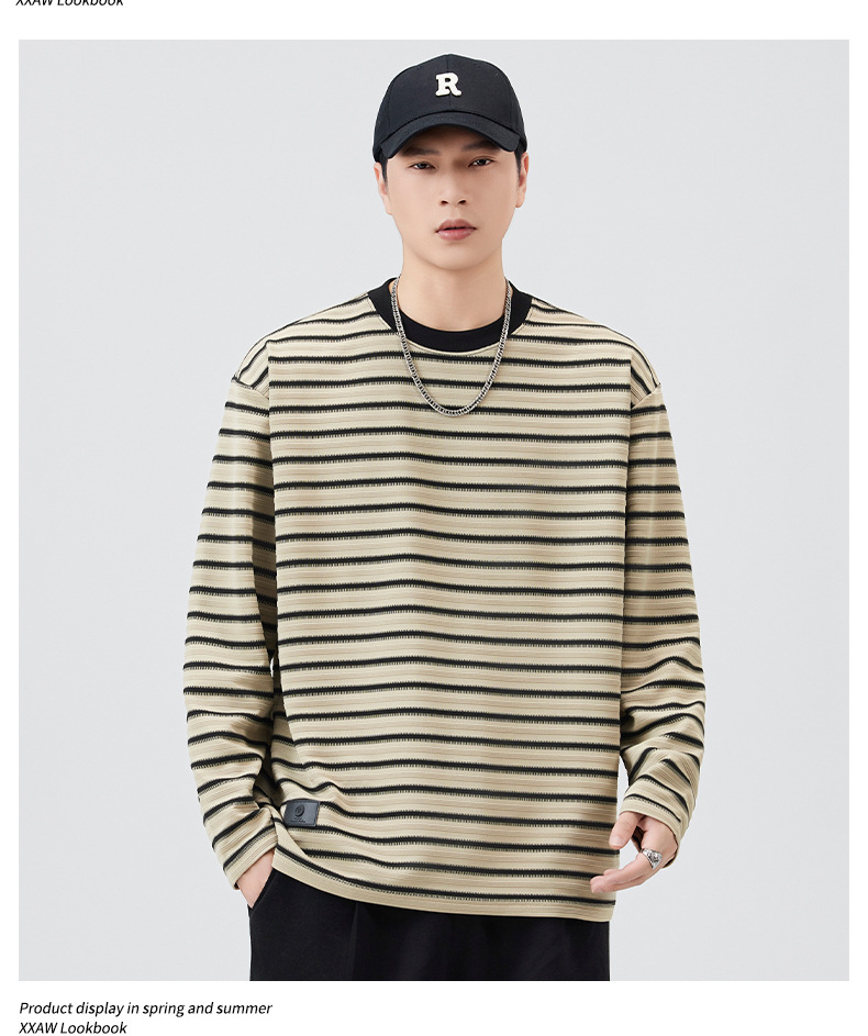 Black striped long-sleeved T-shirt for men, a loose and contrasting color round soul base layer top from the 2025 autumn fashion brand pic 8