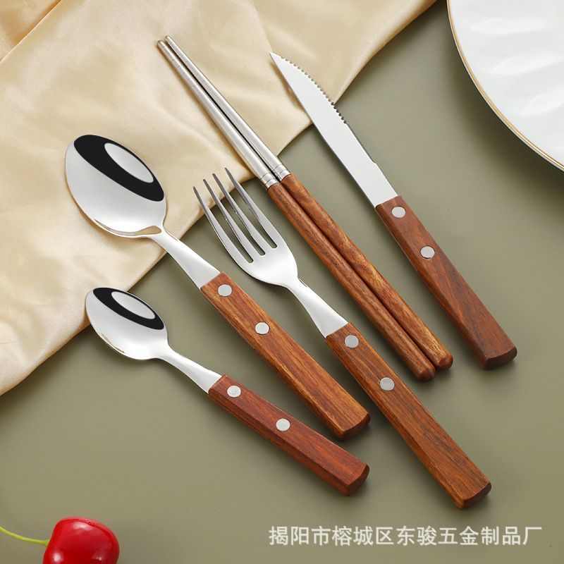 Wholesale 304 Stainless Steel Knife And Fork Spoon Japanese Rosewood Handle Western Tableware Set Steak Knife And Fork Wooden Chopsticks Specification drawing