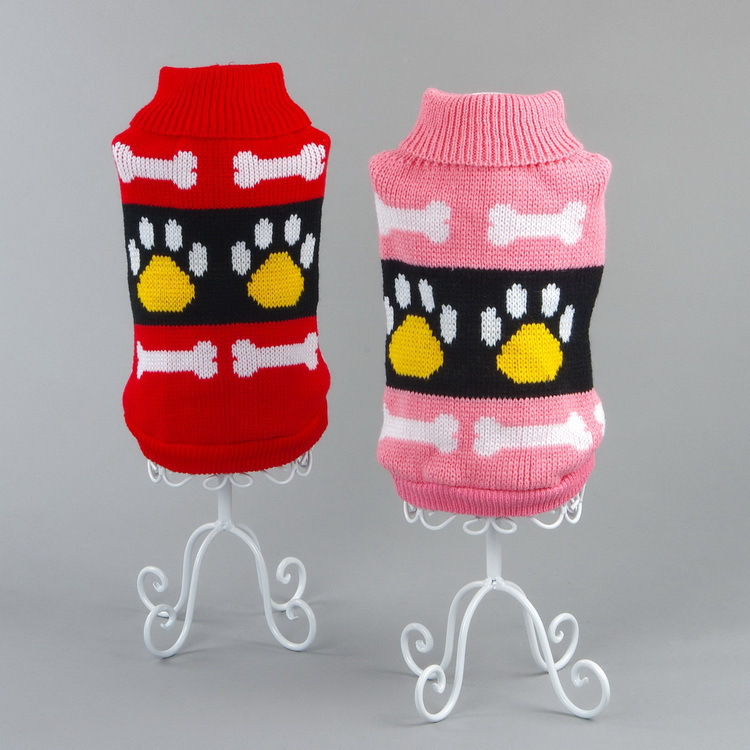 Cute pet clothing with footprint bone patterns, cat clothing, thick and warm knitted dog sweaters for autumn and winter