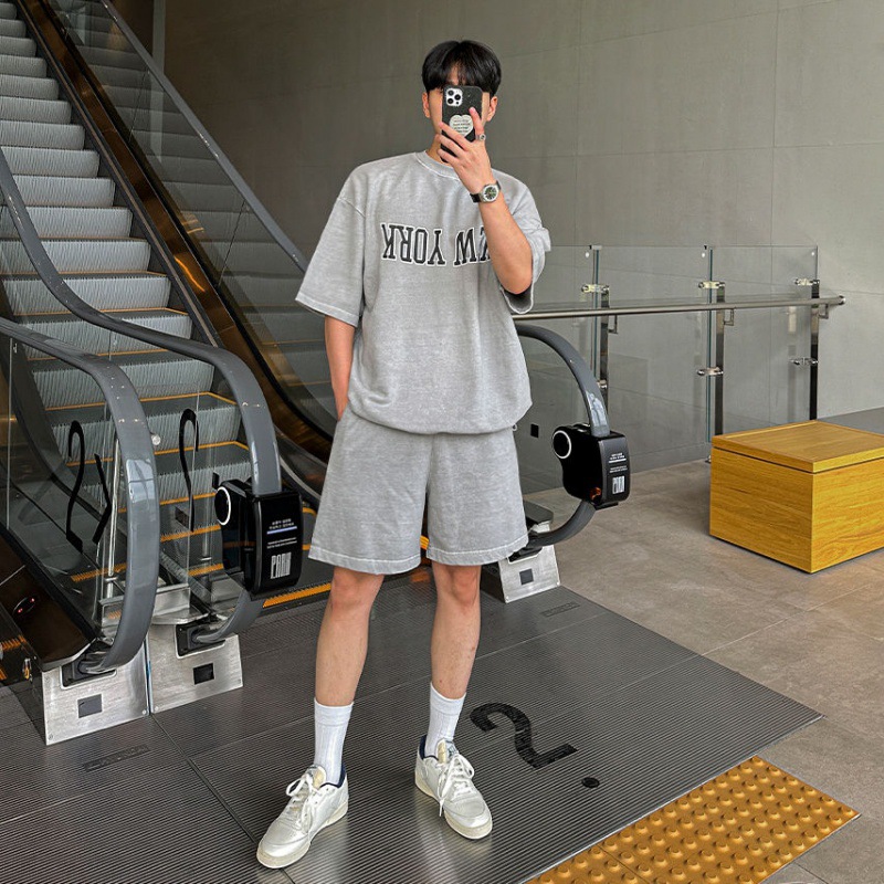 MYQ夏季休闲运动套装男士宽松印花短袖T恤韩版潮流直筒五分短裤