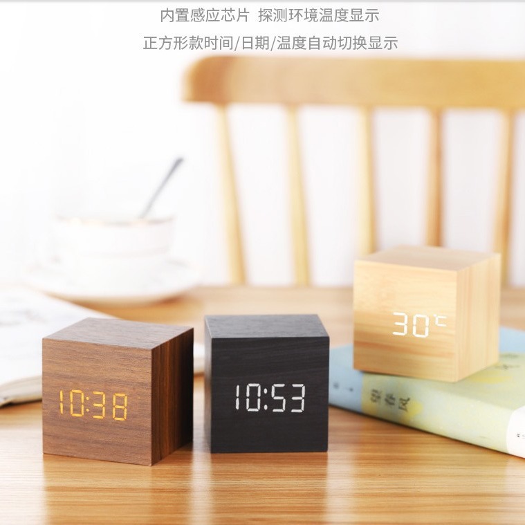 LED creative voice-controlled digital electronic alarm clock, silent student night light bedside square cute wooden clock details Picture