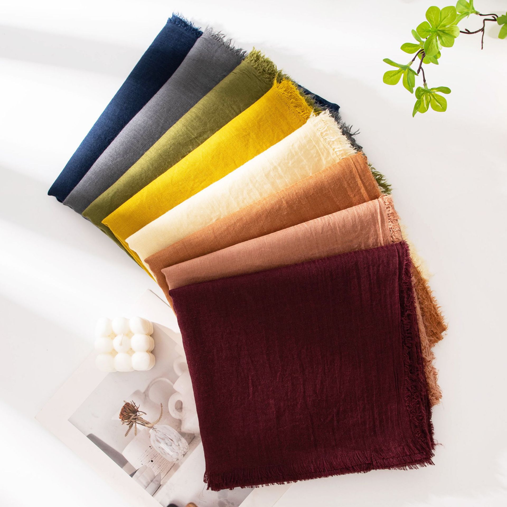Cross-border cotton and linen scarf with a high-end feel, solid color for spring and summer, Japanese and Korean atmosphere, sun-protective shawl, simple long silk scarf pic 15