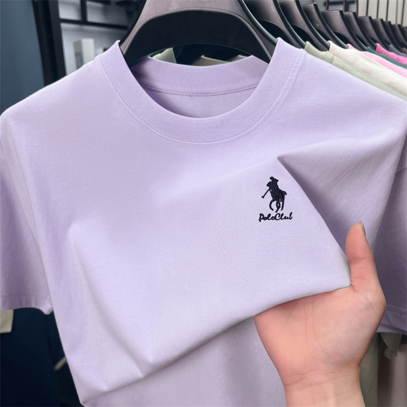 100% cotton solid color embroidered men's T-shirt 2025 Summer new style round neck breathable and sweat-absorbing thin short-sleeved men's hair service Specification image