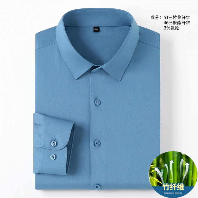 High-end bamboo fiber elastic non-ironing shirt for men, long-sleeved white color, cross-border trade men's shirt