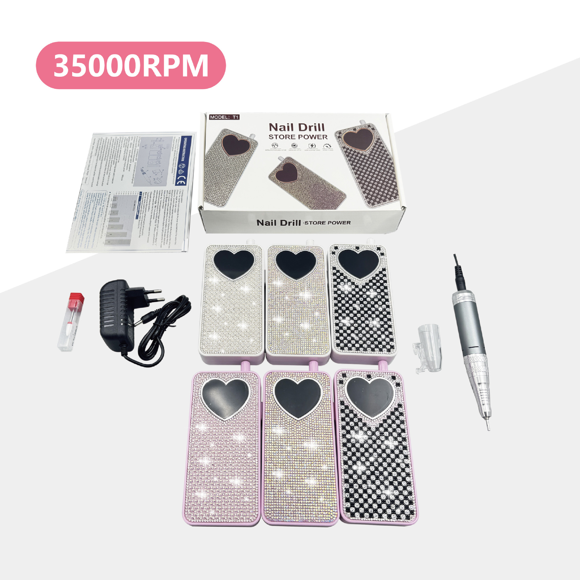 This is a handheld nail polish remover that can be charged without getting hot, featuring diamond and pearl stickers details Picture