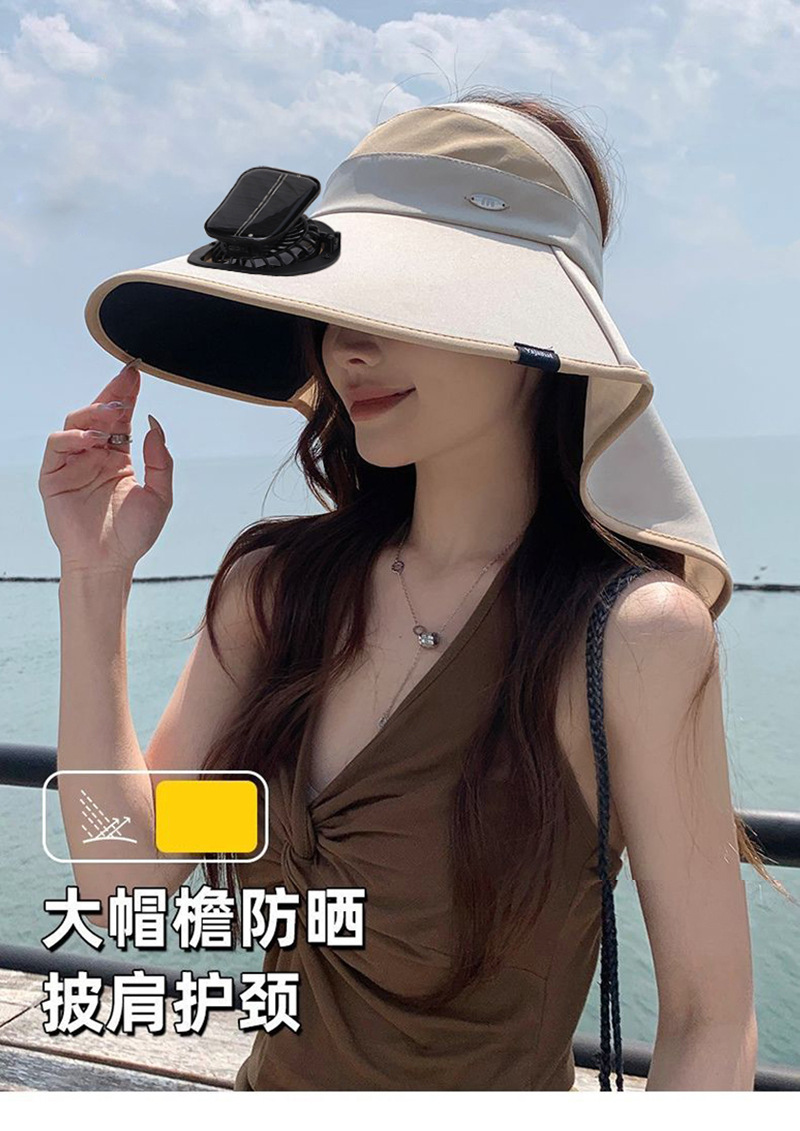 夏季户外女遮阳帽带太阳能风扇超大檐女士披肩帽防紫外线采茶登山详情1