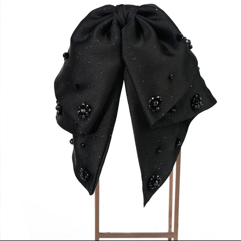 Black satin bow hair clip for women, 2024 new shark clip, half tie hair clip, back of the head ponytail clip headwear Item Picture
