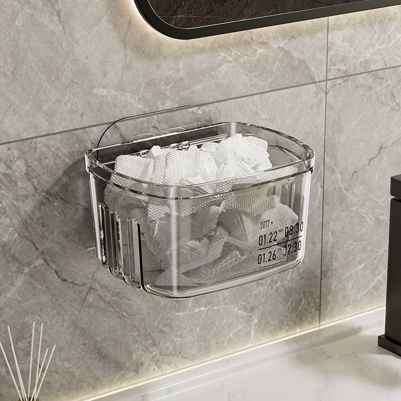Waste face towel storage box, wall-mounted bathroom washbasin, transparent dual-purpose secondary cotton soft towel, bathroom storage rack Application Scenario