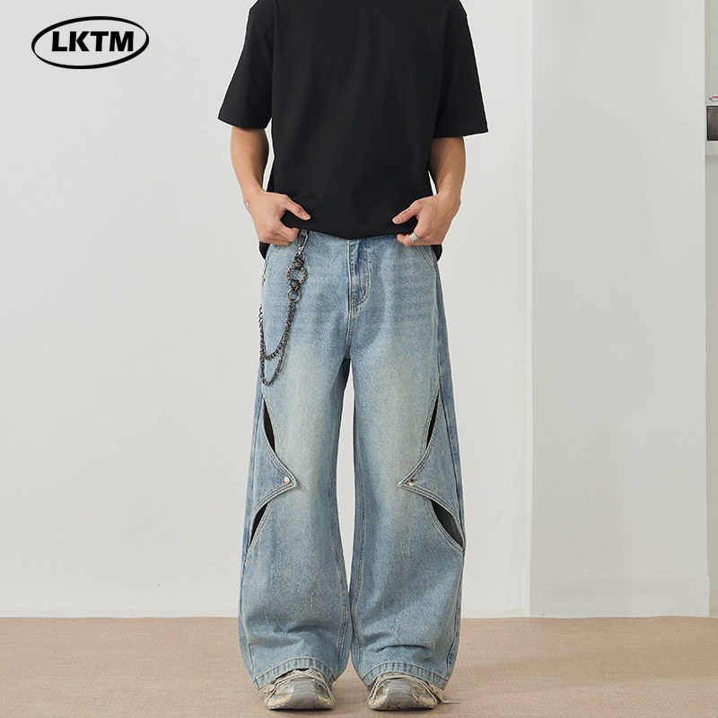 LKTM男装#春夏新款镂空破洞牛仔裤男女设计感宽松阔腿直筒长裤子
