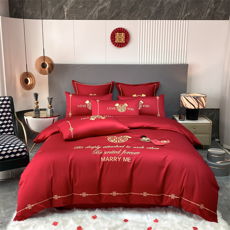 Cross-border wedding bed four-piece set, wedding red four-piece set, washed cotton frosted embroidery set, factory batch
