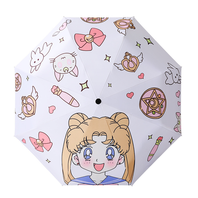 A fully automatic three-fold cartoon digital folding umbrella for sunny and rainy weather with black rubber UV protection, sun protection and shade Item Picture