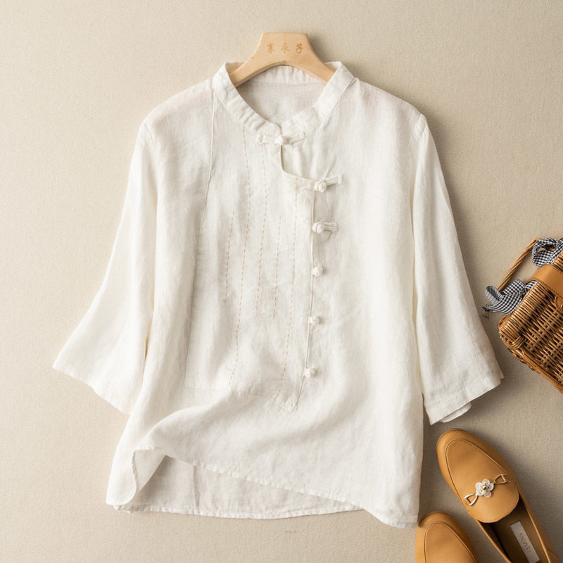 Chinese-style button-down cotton and linen top, women's shirt, three-quarter sleeve design, niche artistic, retro and ethnic style, versatile and trendy Application Scenario