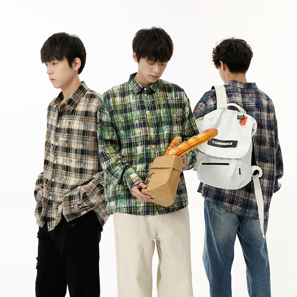 MTLCLOTHES men's Wear: New Autumn 2024 collection - a niche Japanese-style checkered and color-blocking casual loose shirt