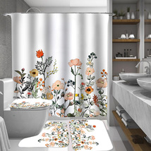 涤纶浴帘亚马逊爆款花卉植物水彩画浴室四件套干湿分离隔离防水浴