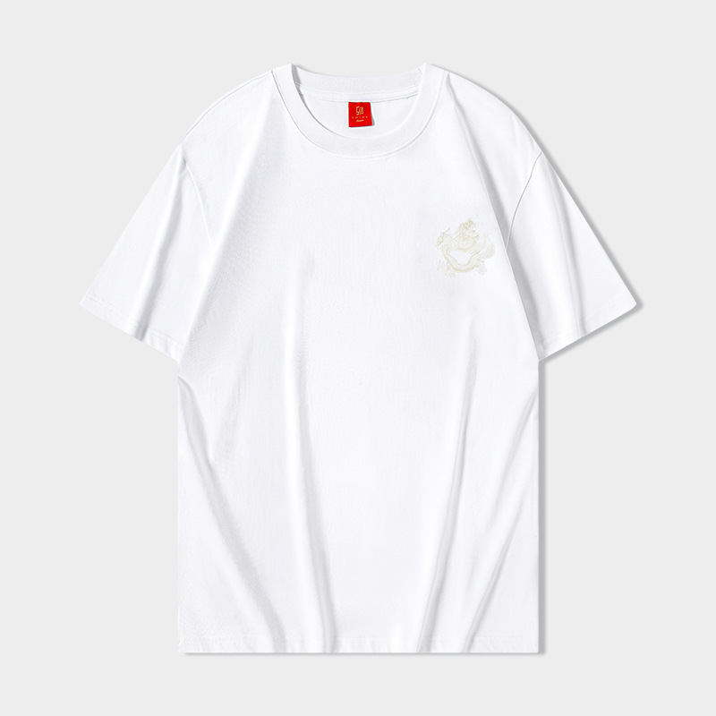 Short-sleeved men's summer pure cotton round-neck T-shirt with dragon and phoenix embroidery, Chinese wind Dragon Year zodiac year base layer details Picture