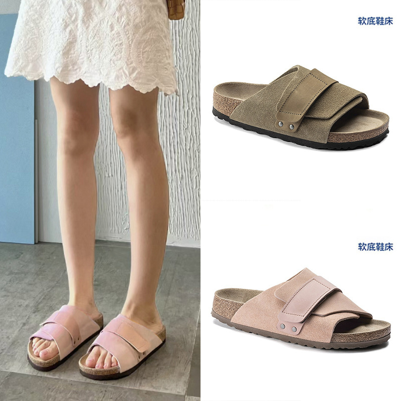 BK勃肯鞋男女款真皮软木底博肯凉拖鞋夏季外穿全牛皮魔术贴一字拖