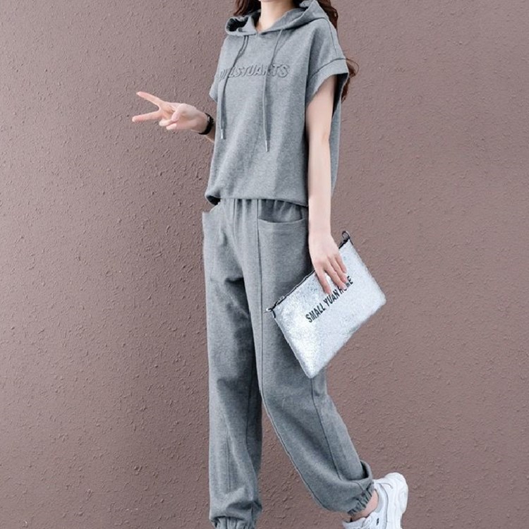 Plus-size women's wear 2025 Summer new loose slimming casual sportswear set, fashionable hooded two-piece set for Chubby sister Specification image