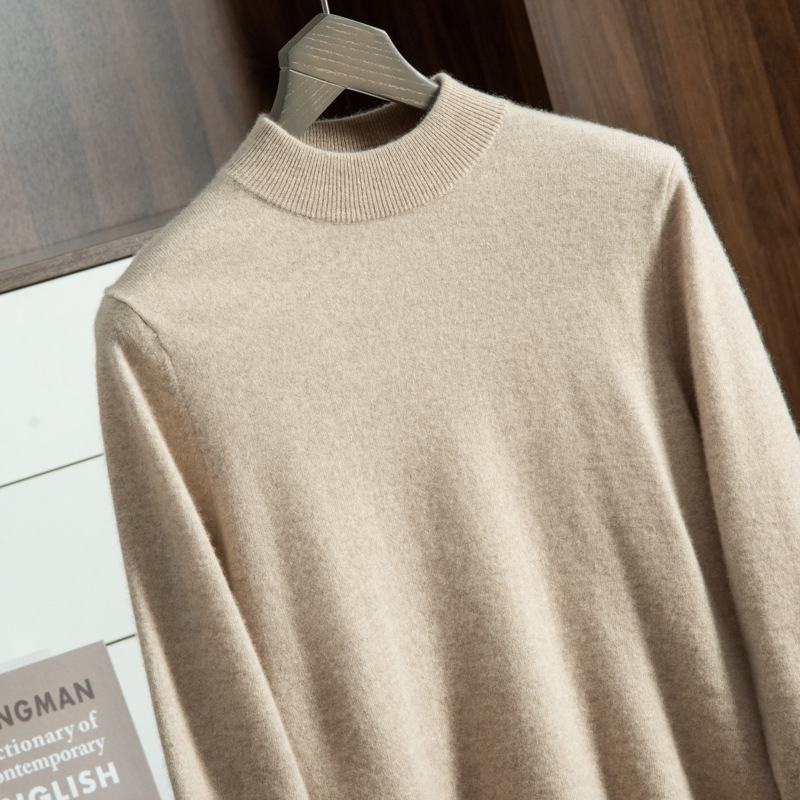 New autumn and winter cashmere sweater for men, semi-high neck solid color inner layer sweater, business casual wool base knitted sweater details Picture