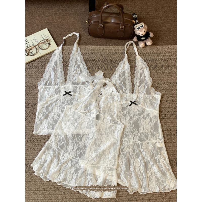 Pure and sexy lace halter dress for women's winter 2024 new style sleeveless layering waist-cinching bow short skirt Specification image
