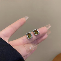 s925 Silver needle green square zircon small earrings women's advanced sense small temperament earrings small fresh personality earrings