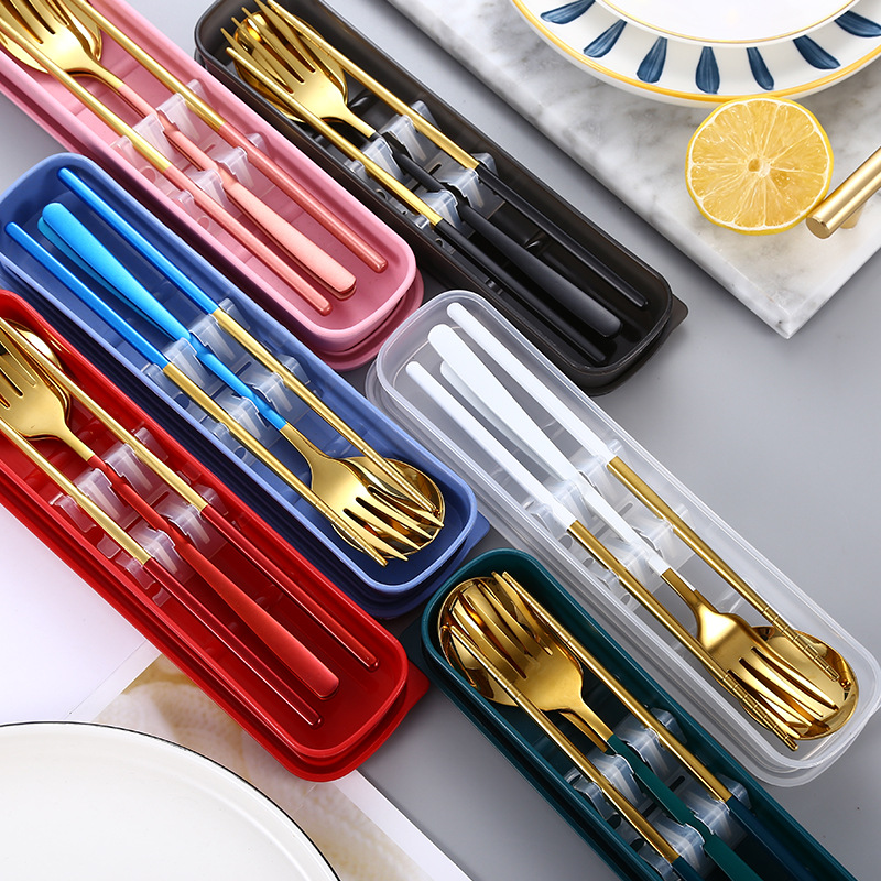 304 stainless steel portable tableware, Korean-style spoon and chopsticks set, student outdoor spoon, fork and chopsticks set, customizable logo full figure