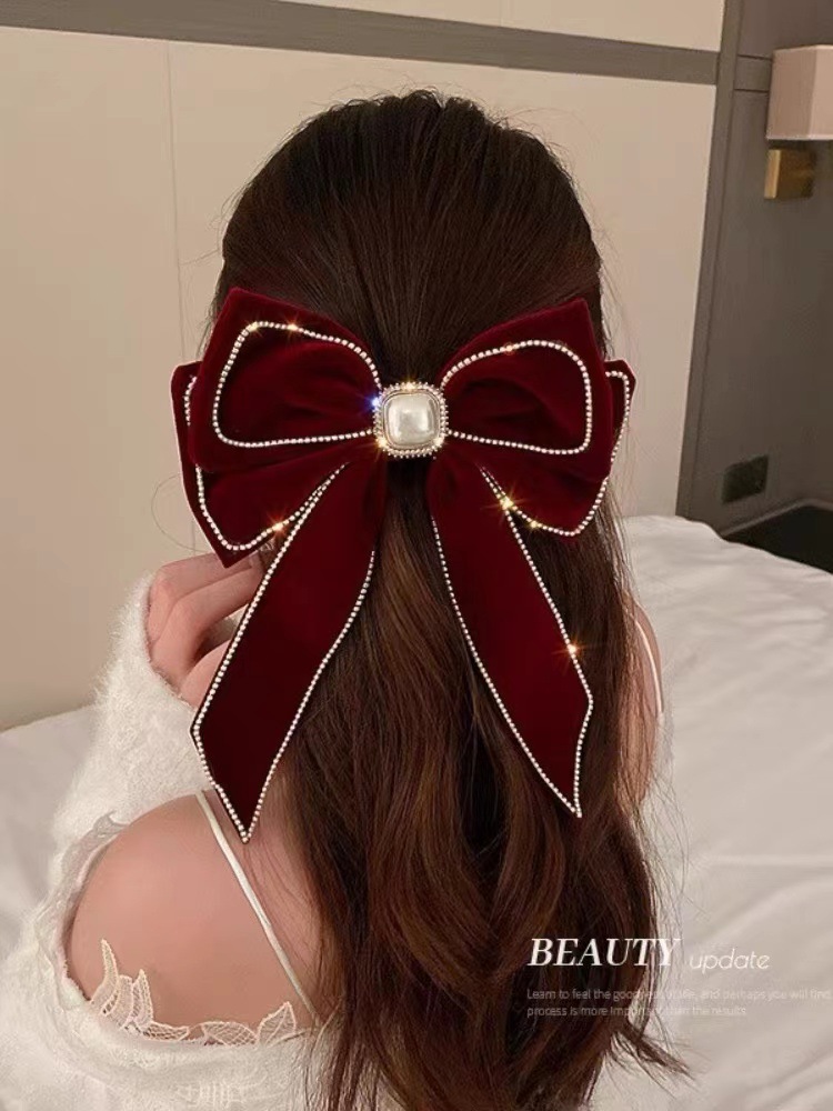 Princess On The Run Wine Red Bow Hairpin Female Back Of Head Bride Engagement Dress Toasting Dress License Hair Ornaments