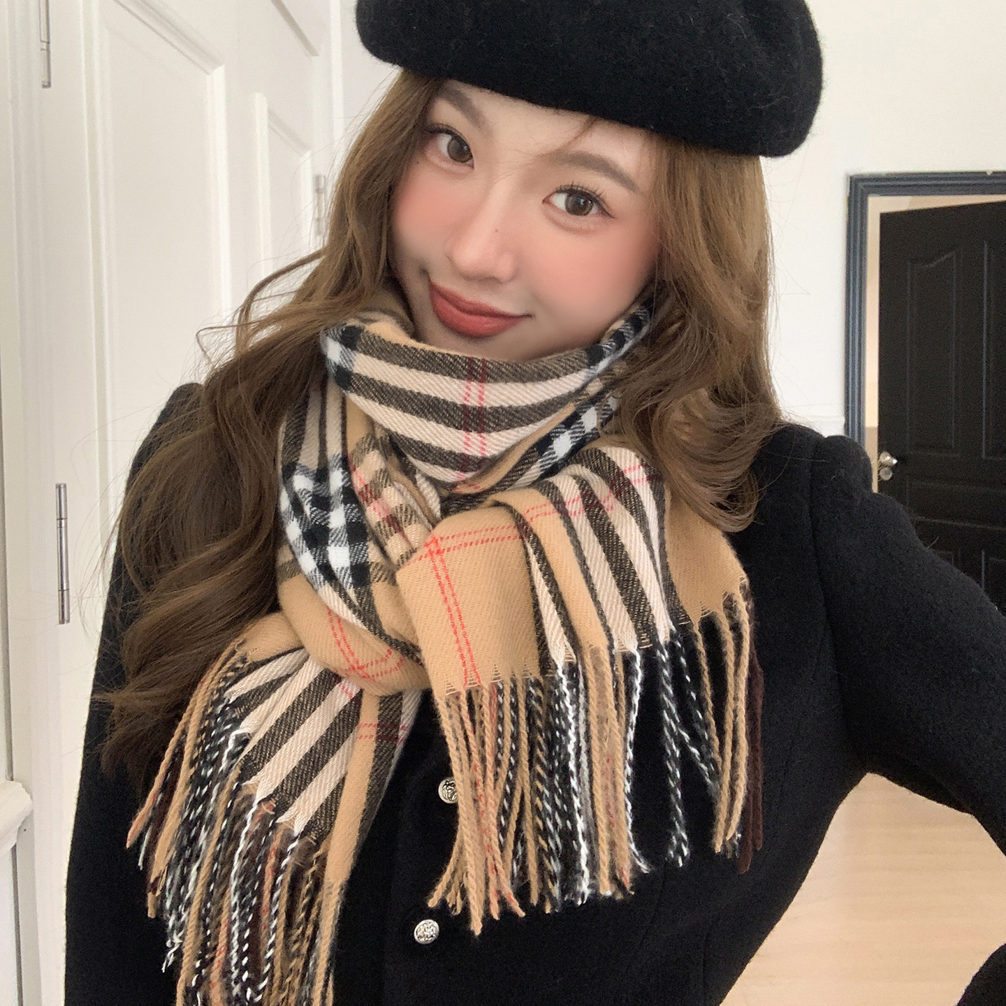 2025秋冬新款欧美经典格子仿羊绒围巾流苏披肩两用围脖现货批发