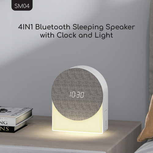 The new multi-functional sleep device features a white noise Bluetooth speaker, a fabric night light with a timer clock, and a white noise alarm full figure