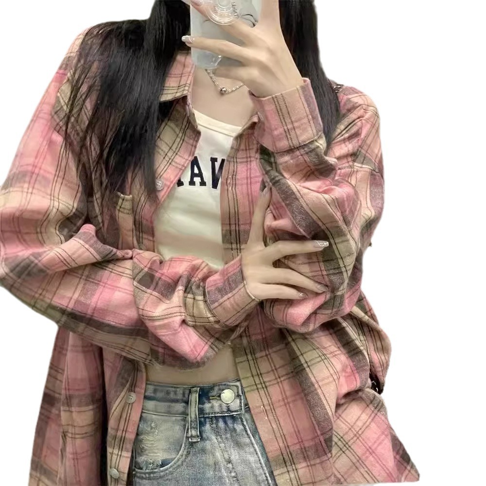 Plaid shirt for women 2024 Autumn new Korean style fashion girl petite retro long-sleeved shirt casual jacket Item Picture