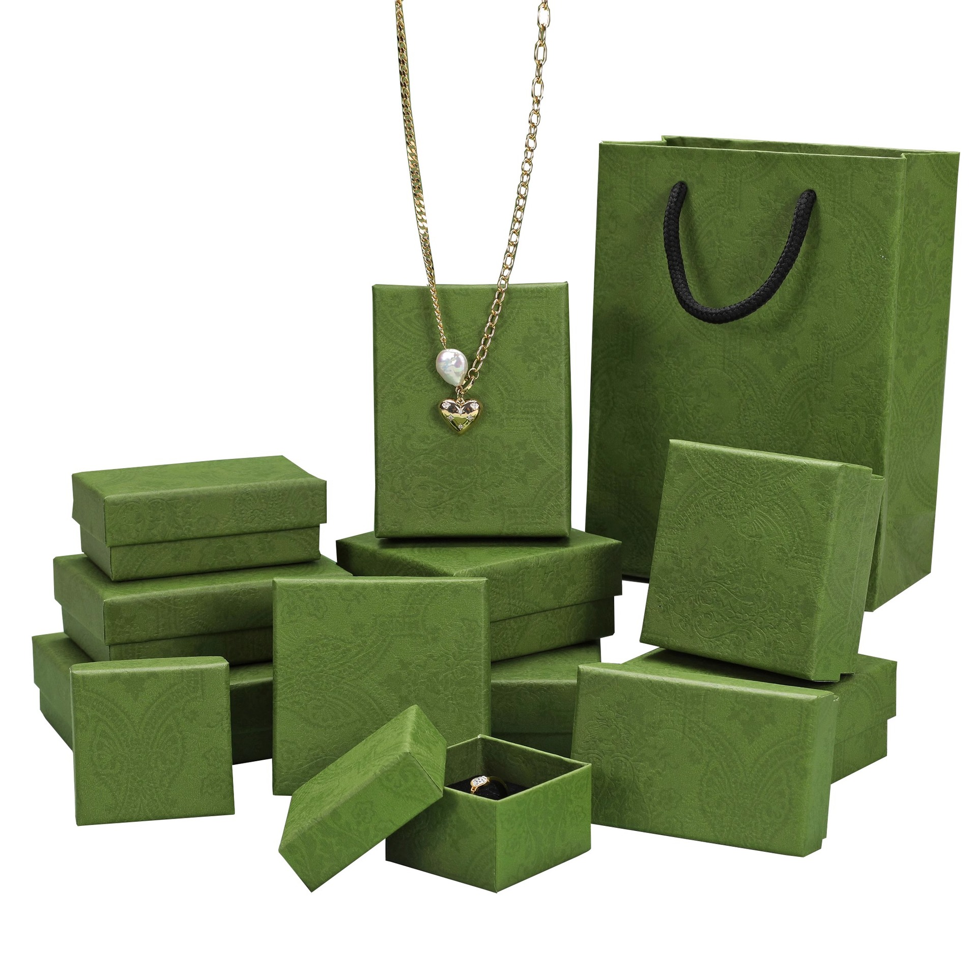 Retro green ring box, patterned necklace, jewelry box, storage accessory box, stud earrings, packaging box, gift box for giving away Item Picture