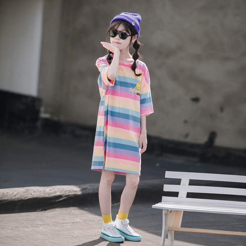 女童短袖T恤裙2022夏季新款中大童中长款韩版洋气宽松彩虹连衣裙