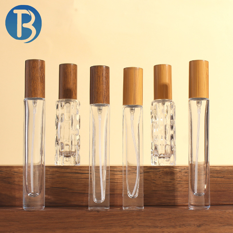 10ml perfume sample bottles in stock, with wood and bamboo grain caps, hexagonal press-type transparent glass spray bottles Specification drawing