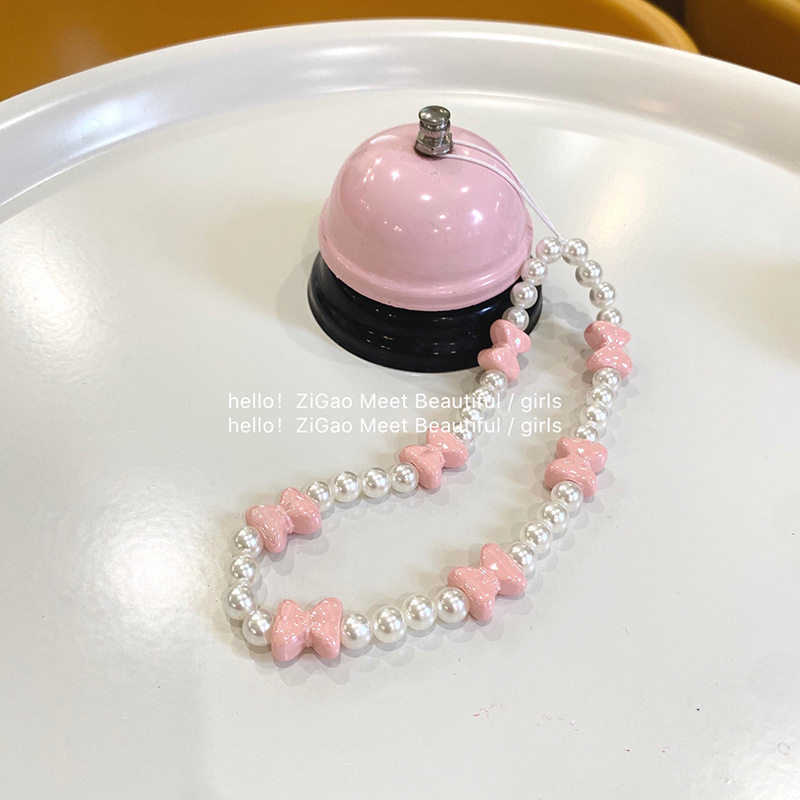 Pink Bow Cute Mobile Phone Chain Korean Fashion Pearl Beaded Bracelet Accessory Diy Mobile Phone Case Pendant