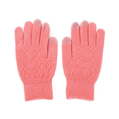 Factory direct supply of winter universal brown jacquard winter solid color finger-separating gloves, bow warm gloves in stock