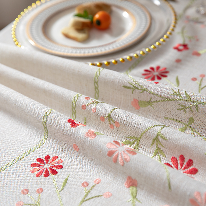 跨境素色加厚餐桌布小清新白色日式刺绣花朵西餐台布聚会日本桌垫详情图3