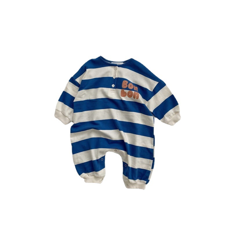 2022 Autumn New Arrivals: Korean-style children's clothing, baby striped crawling suits, autumn baby one-piece suits, long-sleeved hatchwear for infants and toddlers Item Picture
