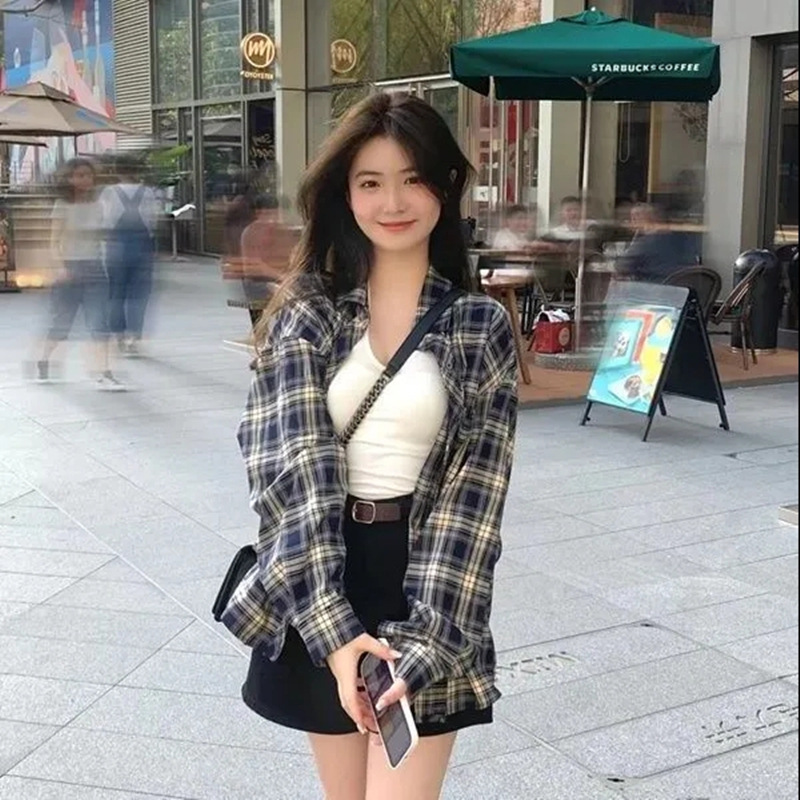 Plaid Shirt Women Spring And Summer Power Wear With Lazy Design Sense Of Loose Shirt Long-Sleeved Blouse Cardigan Coat Specification drawing