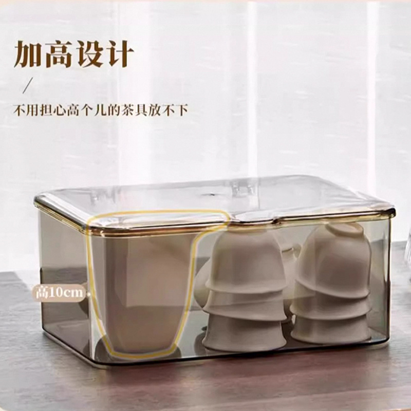 Tea set storage box, desktop coffee table, dust-proof with lid, for Gongfu tea cups, tea bowls, teapot, transparent storage box Application Scenario