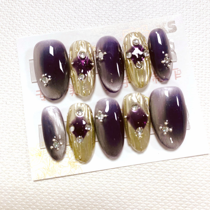 纯手工穿戴甲成品假指甲贴片果冻胶猫眼晕染贝壳钻鎏金10片xs号详情14