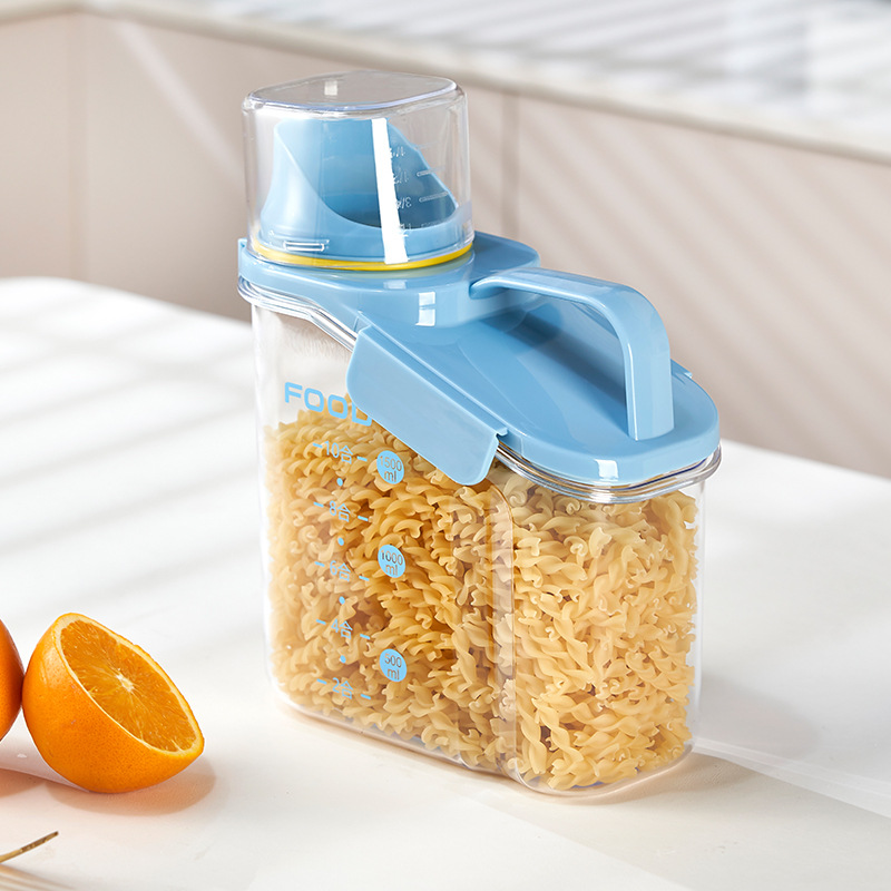 Japanese-style portable sealed multi-grain jar, kitchen multi-functional five-grain bucket, transparent measuring cup, wooden bucket, small rice storage bucket details Picture