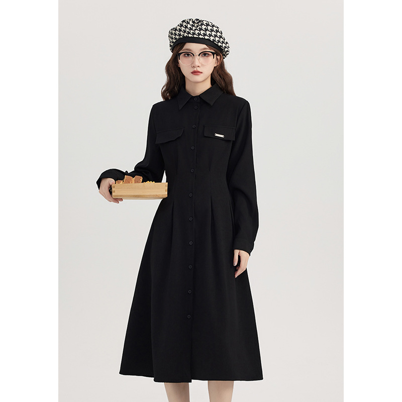 Factory direct sale 2023 Summer New Style stylish black simple waist-cinching slimming long-sleeved dress HUA3303 details Picture