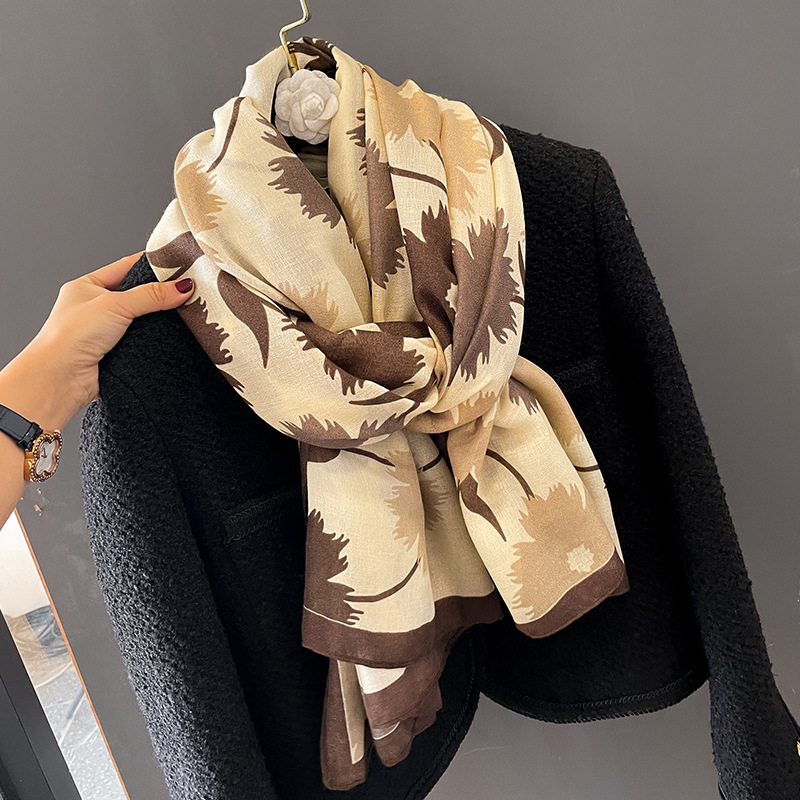 Soft Cotton Linen Floral Scarf For Women Spring Autumn 2023 New Blue Silk Scarf Mom Coat Popular Shawl Bib Item Picture