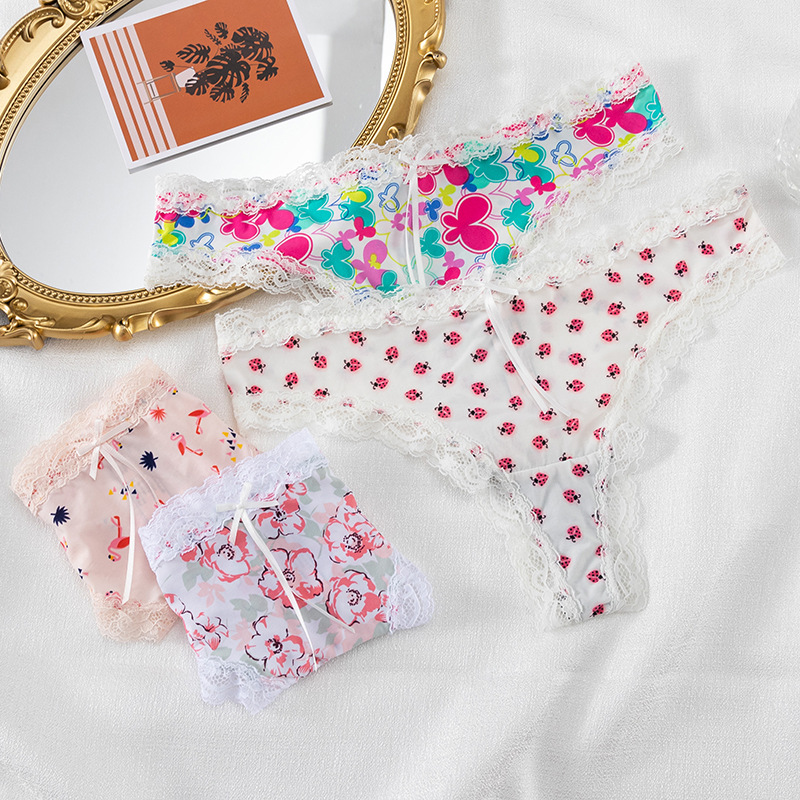 New Sexy Underwear Women Lace Printed Thong Women Low Waist Temptation T Pants Light Soft Briefs Specification drawing