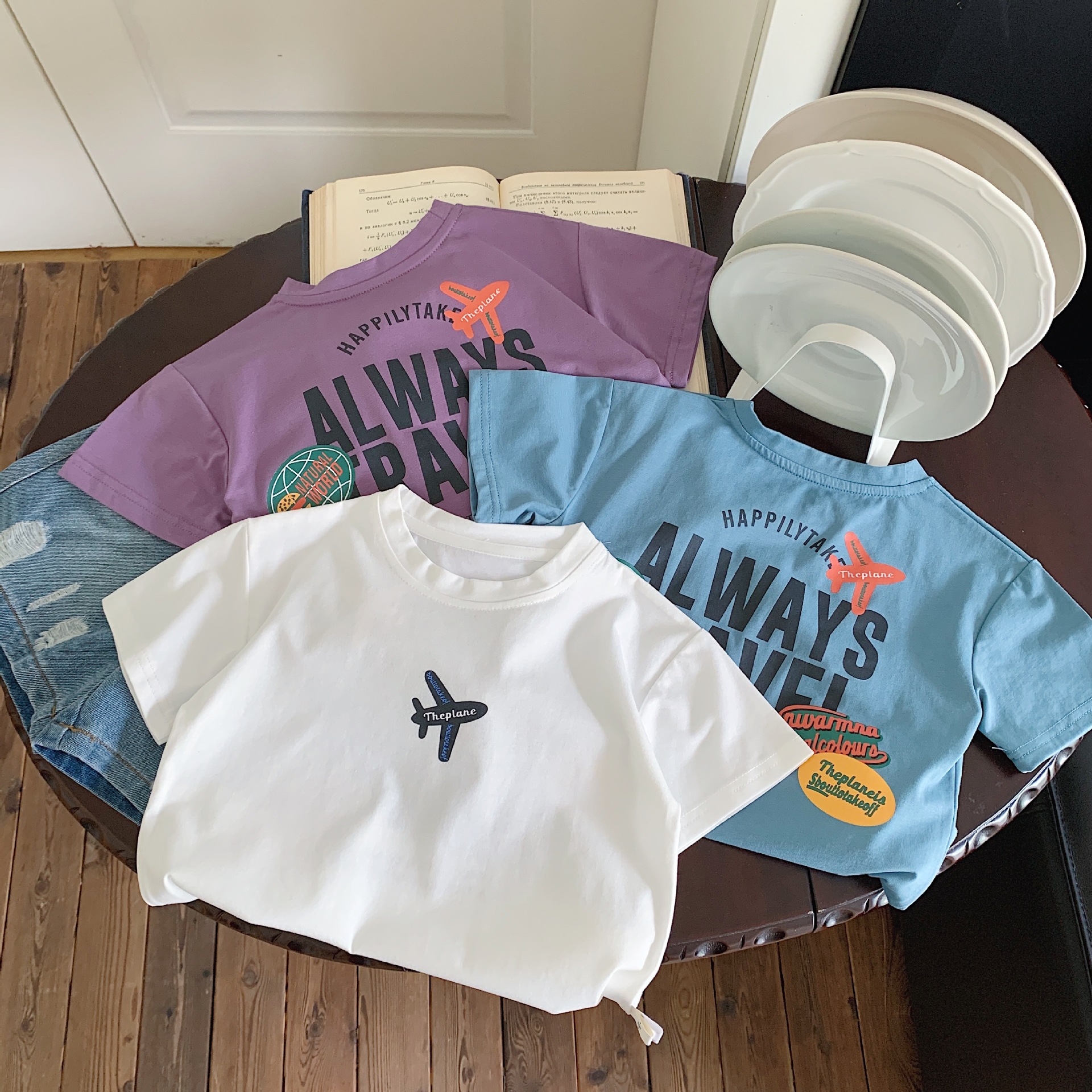 Children's T-shirt Bangcheng 2024 Summer Boys' short-sleeved children's clothing new product with letter print, airplane base shirt Trend G0281 Application Scenario