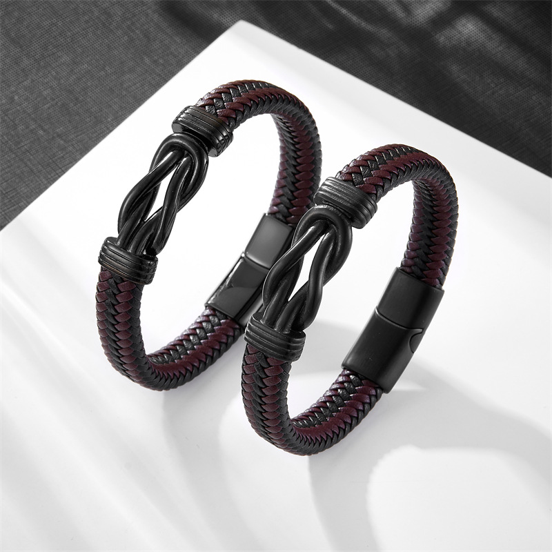 欧美bracelet简约钛钢DIY皮革手镯 跨境黑棕皮编织复古男士皮手链